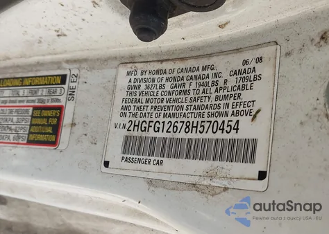 2008 Honda Civic Lx from USA, damaged, VIN 2HGFG12678H570454